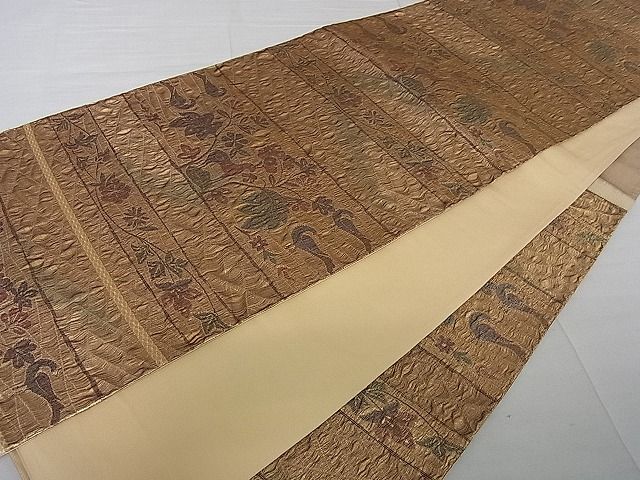 平和屋着物■六通柄袋帯　横段草木動物文　金糸　逸品　an3156