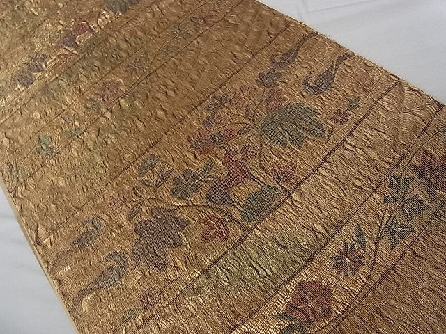平和屋着物■六通柄袋帯　横段草木動物文　金糸　逸品　an3156