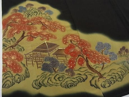 平和屋着物■豪華黒留袖　手描き　金糸刺繍　老松風景文　暈し染め　金銀彩　逸品　n-ar2050