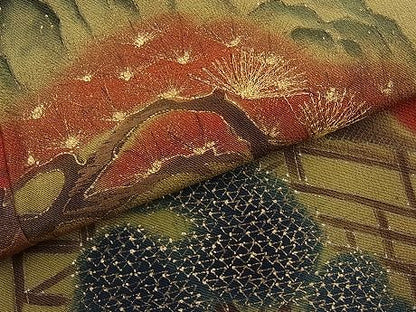 平和屋着物■豪華黒留袖　手描き　金糸刺繍　老松風景文　暈し染め　金銀彩　逸品　n-ar2050