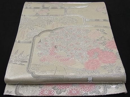 平和屋着物■六通柄袋帯 唐織 孔雀牡丹花文 銀糸 逸品 n-ar2178