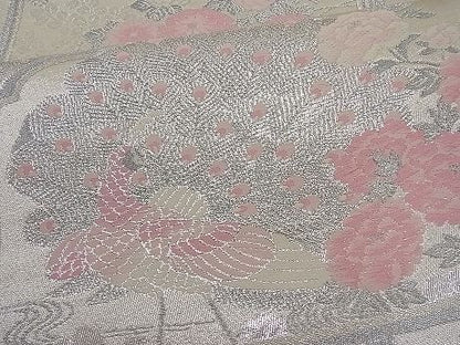 平和屋着物■六通柄袋帯 唐織 孔雀牡丹花文 銀糸 逸品 n-ar2178
