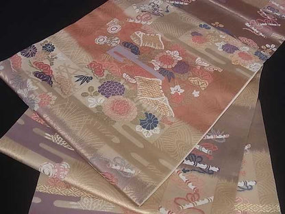 平和屋着物■六通柄袋帯 唐織 格子霞花文 金糸 逸品 ar3775
