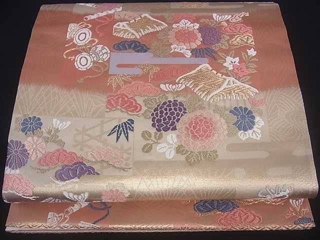 平和屋着物■六通柄袋帯 唐織 格子霞花文 金糸 逸品 ar3775