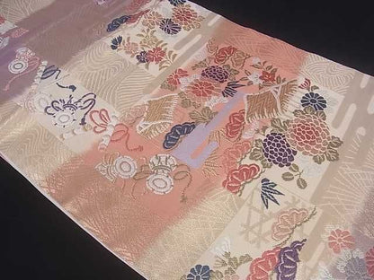 平和屋着物■六通柄袋帯 唐織 格子霞花文 金糸 逸品 ar3775