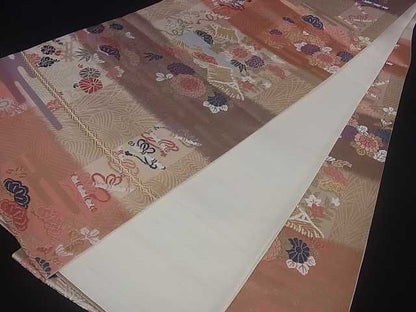 平和屋着物■六通柄袋帯 唐織 格子霞花文 金糸 逸品 ar3775