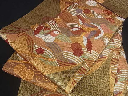 平和屋着物■佐賀錦　六通柄袋帯　立波鴛鴦花文　金糸　逸品　ar3789