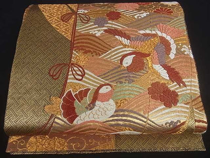 平和屋着物■佐賀錦　六通柄袋帯　立波鴛鴦花文　金糸　逸品　ar3789