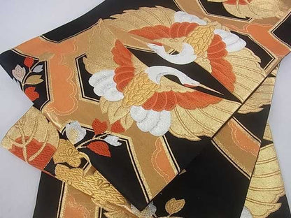 平和屋着物■六通柄袋帯 双鶴亀甲文 黒地 金糸 逸品 ar4177