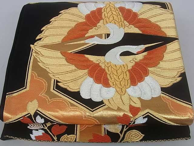 平和屋着物■六通柄袋帯 双鶴亀甲文 黒地 金糸 逸品 ar4177