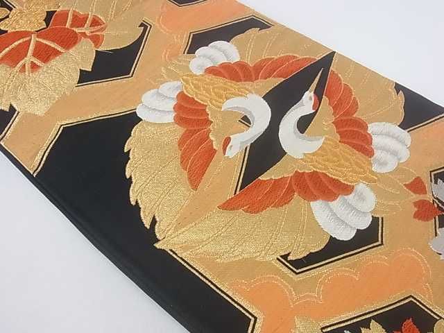 平和屋着物■六通柄袋帯 双鶴亀甲文 黒地 金糸 逸品 ar4177