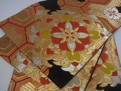 平和屋着物■六通柄袋帯 正倉院花文 黒地 金銀糸 逸品 ar4340