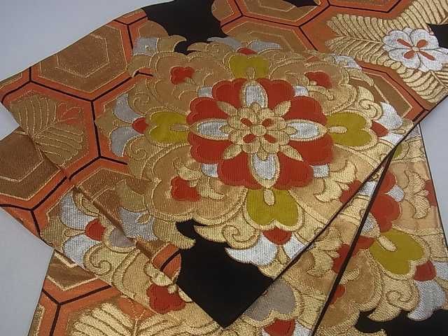 平和屋着物■六通柄袋帯 正倉院花文 黒地 金銀糸 逸品 ar4340