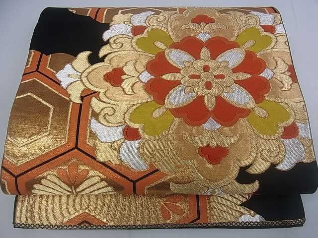 平和屋着物■六通柄袋帯 正倉院花文 黒地 金銀糸 逸品 ar4340