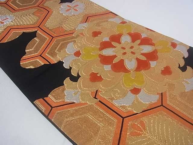 平和屋着物■六通柄袋帯 正倉院花文 黒地 金銀糸 逸品 ar4340