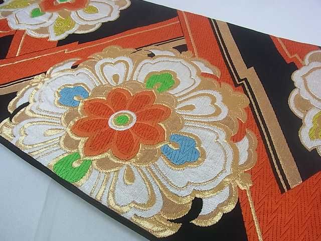 平和屋着物■六通柄袋帯 唐織 正倉院花文 黒地 金糸 逸品 ar4442