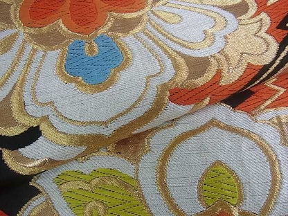 平和屋着物■六通柄袋帯 唐織 正倉院花文 黒地 金糸 逸品 ar4442