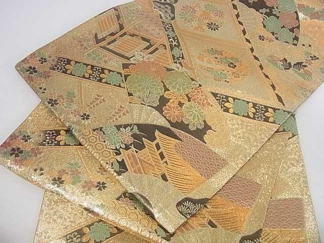 平和屋着物■佐賀錦 六通柄袋帯 風景扇吉祥花文 金糸 逸品 ar5272