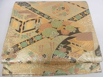 平和屋着物■佐賀錦 六通柄袋帯 風景扇吉祥花文 金糸 逸品 ar5272