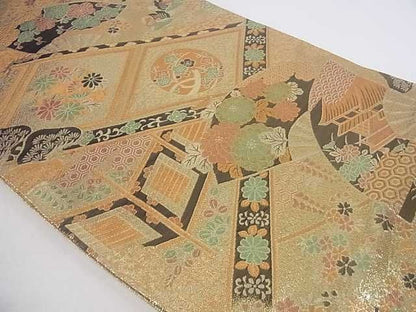 平和屋着物■佐賀錦 六通柄袋帯 風景扇吉祥花文 金糸 逸品 ar5272