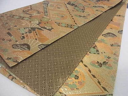 平和屋着物■佐賀錦 六通柄袋帯 風景扇吉祥花文 金糸 逸品 ar5272