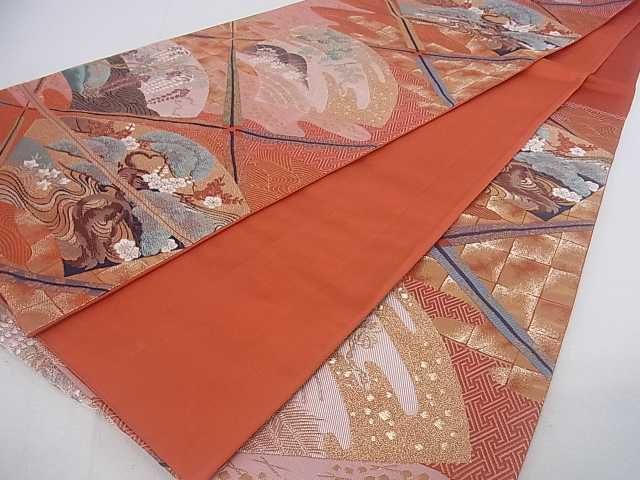 ◆908◆六通柄　袋帯　能花譜　本金箔　刺繍　鼓　扇　着物帯　和装着物 平和屋着物□六通柄袋帯 九百錦 聖風雅扇文 金糸