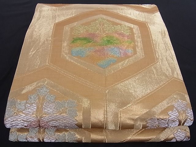 平和屋着物■六通柄袋帯　亀甲草花文　桐　金銀糸　正絹　逸品　A-az4079