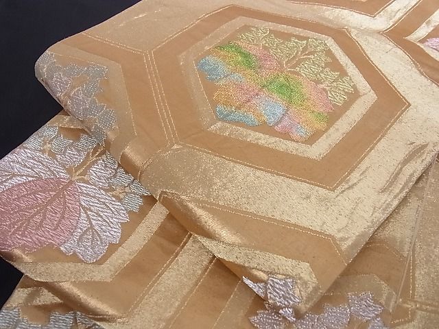 平和屋着物■六通柄袋帯　亀甲草花文　桐　金銀糸　正絹　逸品　A-az4079