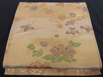 平和屋着物■佐賀錦 六通柄袋帯 草花文 金糸 正絹 逸品 A-az4843