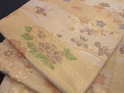 平和屋着物■佐賀錦 六通柄袋帯 草花文 金糸 正絹 逸品 A-az4843