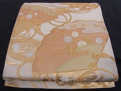 平和屋着物■六通柄袋帯 唐織 扇面花文 金銀糸 正絹 逸品 A-az4847