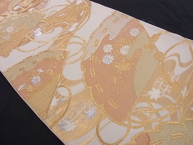 平和屋着物■六通柄袋帯 唐織 扇面花文 金銀糸 正絹 逸品 A-az4847