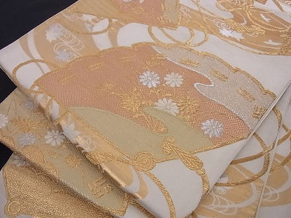 平和屋着物■六通柄袋帯 唐織 扇面花文 金銀糸 正絹 逸品 A-az4847