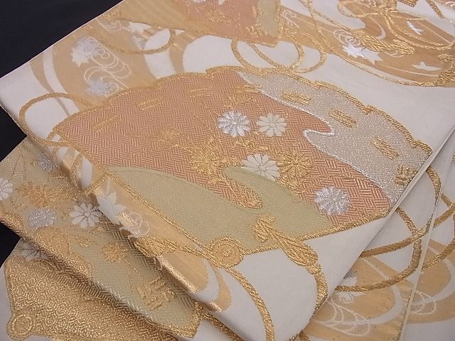 平和屋着物■六通柄袋帯 唐織 扇面花文 金銀糸 正絹 逸品 A-az4847