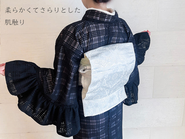 平和屋本店●極上　小紋　チュールレース袷　フリル袖　格子　黒地　洗える着物　逸品　新品　MAAA0001mg