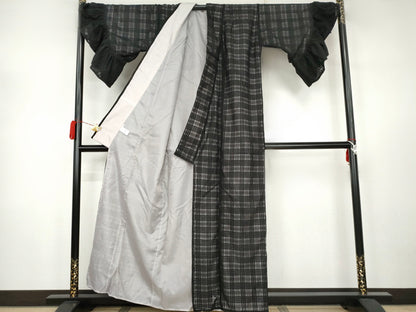 平和屋本店●極上　小紋　チュールレース袷　フリル袖　格子　黒地　洗える着物　逸品　新品　MAAA0001mg