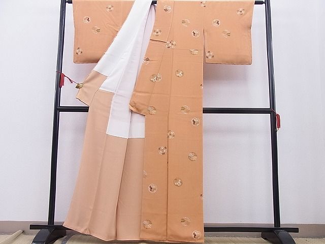 平和屋本店■極上　銀座　志ま亀　小紋　手描き　更紗花丸文　赤朽葉色地　畳紙付き　逸品　未使用　BAAA3144zb4 - 平和屋