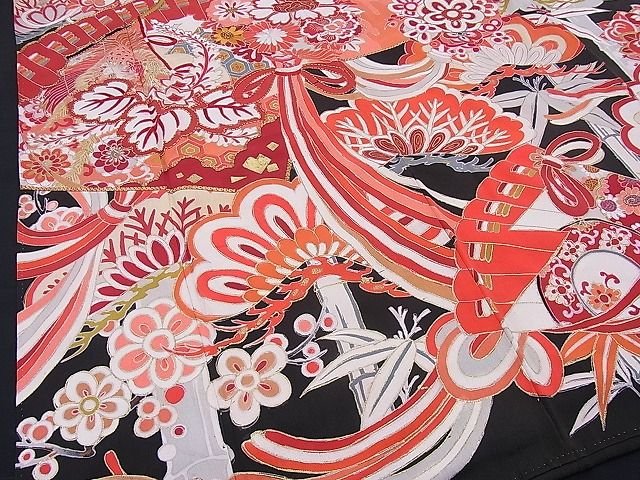 平和屋本店■極上　アンティーク　大正ロマン　振袖　駒刺繍　檜扇鳳凰吉祥花文　金彩　逸品　BAAA3179zb4 - 平和屋