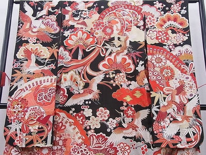 平和屋本店■極上　アンティーク　大正ロマン　振袖　駒刺繍　檜扇鳳凰吉祥花文　金彩　逸品　BAAA3179zb4 - 平和屋