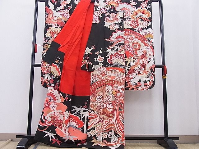 平和屋本店■極上　アンティーク　大正ロマン　振袖　駒刺繍　檜扇鳳凰吉祥花文　金彩　逸品　BAAA3179zb4 - 平和屋