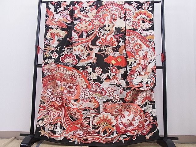 平和屋本店■極上　アンティーク　大正ロマン　振袖　駒刺繍　檜扇鳳凰吉祥花文　金彩　逸品　BAAA3179zb4 - 平和屋