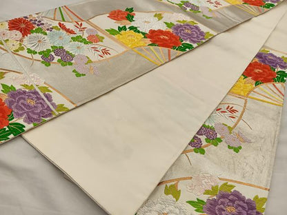 平和屋着物◎六通柄袋帯 唐織 扇面繋ぎ花文 金銀糸 正絹 逸品 BAAI6788di