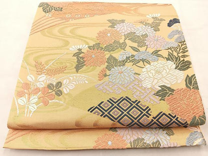 平和屋着物◎六通柄袋帯 唐織 流水扇面秋草文 金糸 正絹 逸品 BAAK0629if