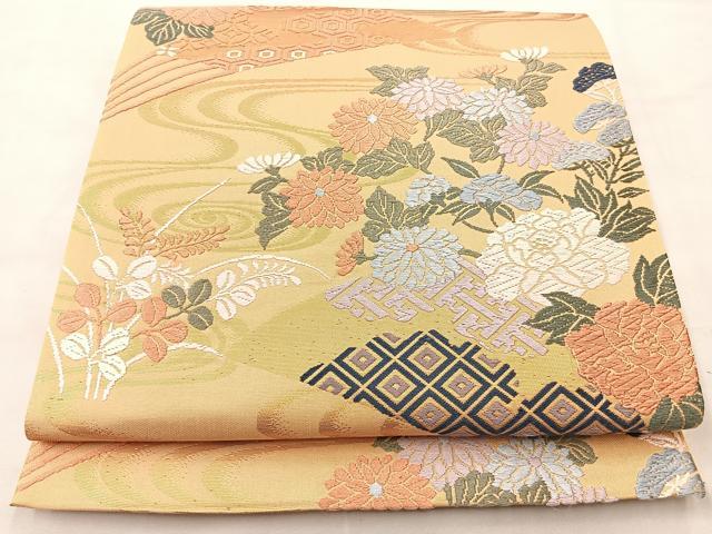 平和屋着物◎六通柄袋帯 唐織 流水扇面秋草文 金糸 正絹 逸品 BAAK0629if