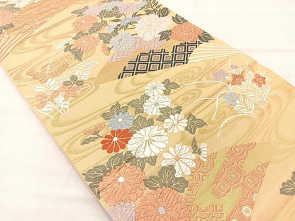 平和屋着物◎六通柄袋帯 唐織 流水扇面秋草文 金糸 正絹 逸品 BAAK0629if