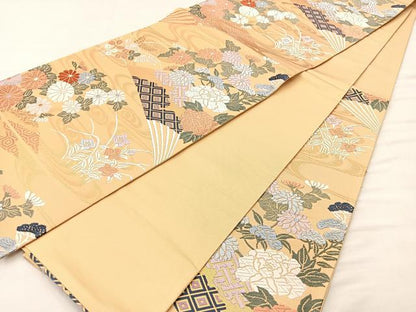 平和屋着物◎六通柄袋帯 唐織 流水扇面秋草文 金糸 正絹 逸品 BAAK0629if