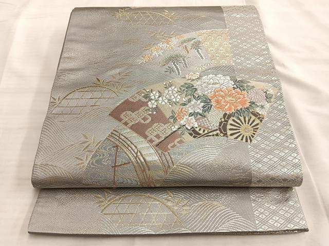 平和屋着物◎六通柄袋帯 唐織 流水地紙花車文 金銀糸 正絹 逸品 BAAK1033du
