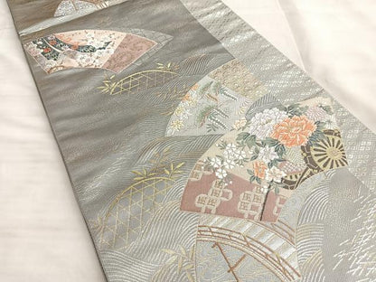 平和屋着物◎六通柄袋帯 唐織 流水地紙花車文 金銀糸 正絹 逸品 BAAK1033du