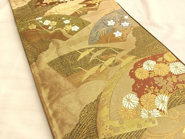 平和屋着物◎六通柄袋帯 織功 地紙飛鶴秋草文 金糸 正絹 逸品 BAAK1043du
