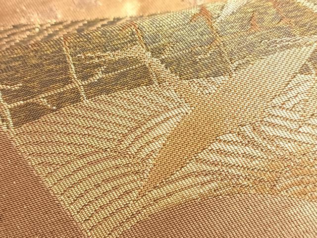 平和屋着物◎六通柄袋帯 織功 地紙飛鶴秋草文 金糸 正絹 逸品 BAAK1043du
